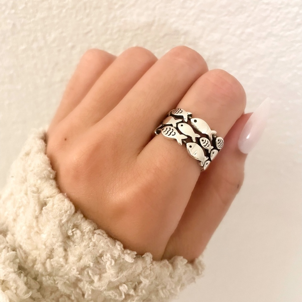925 Sterling Silver Fish Ring School of Fish Ring Dainty Fish Ring Band